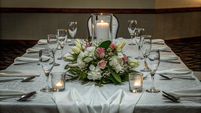Beautifully arranged event table with fine dining setup and floral centerpiece