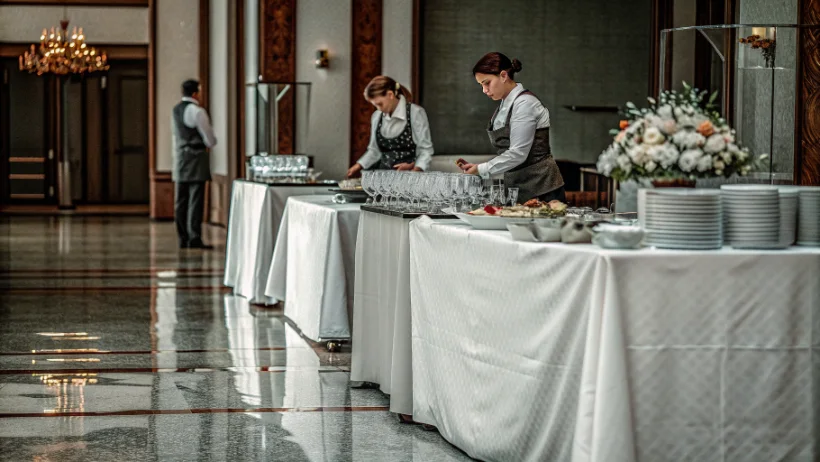 Elegant catering table setup with professional staff at Philadelphia event