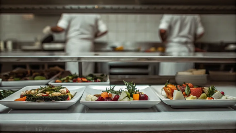 Fresh seasonal ingredients and plated dishes for catering menu